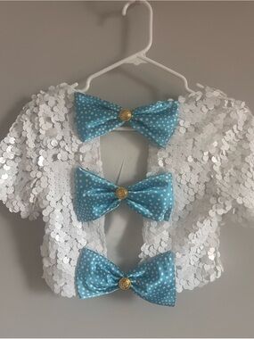 Custom made White Sequin Top with Blue Polkat satin Bow